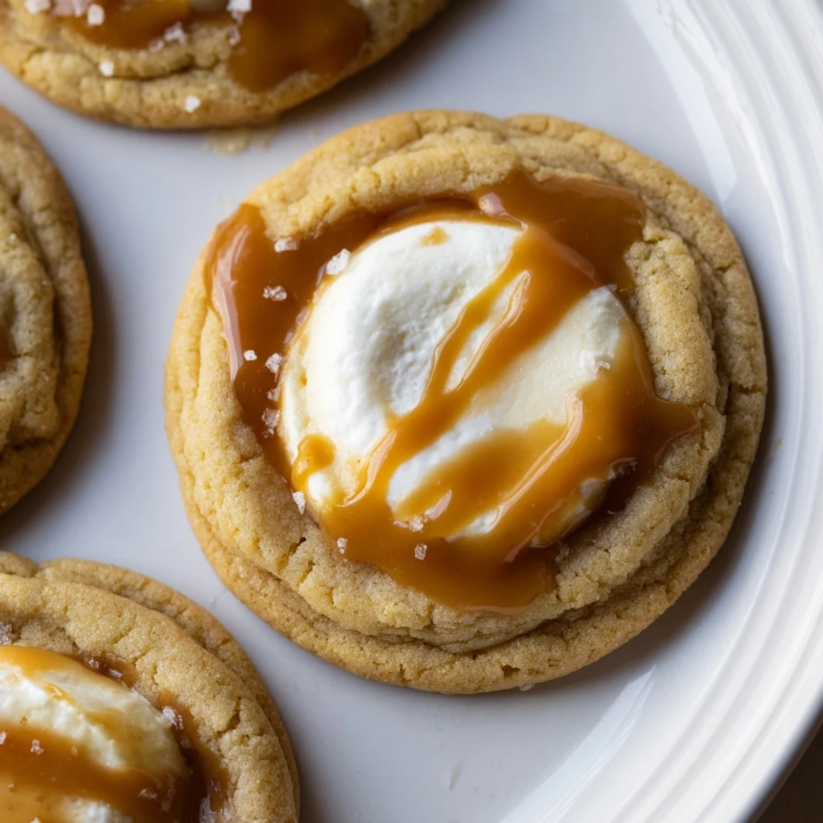 Golden caramel drizzled over soft caramel cheesecake cookies on a rustic baking sheet