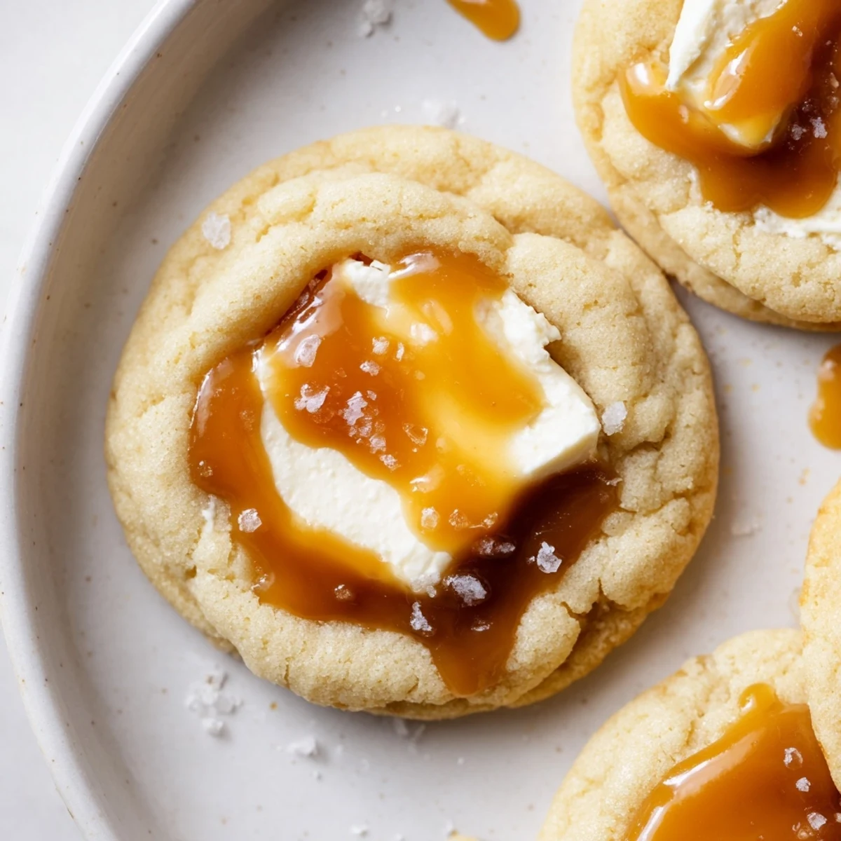 Soft baked caramel cheesecake cookies with gooey caramel pools on a white platter