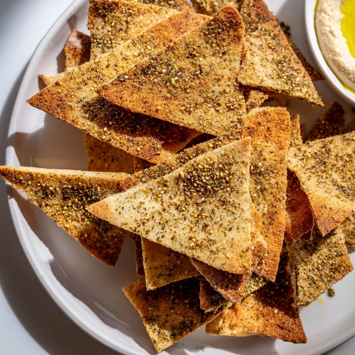 Golden crispy zaatar pita chips arranged on a rustic wooden serving board