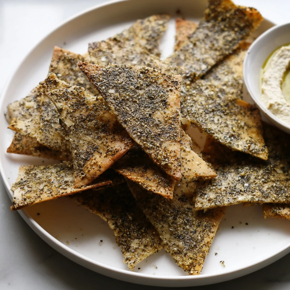 Warm zaatar pita chips fresh from the oven with herb-flecked edges