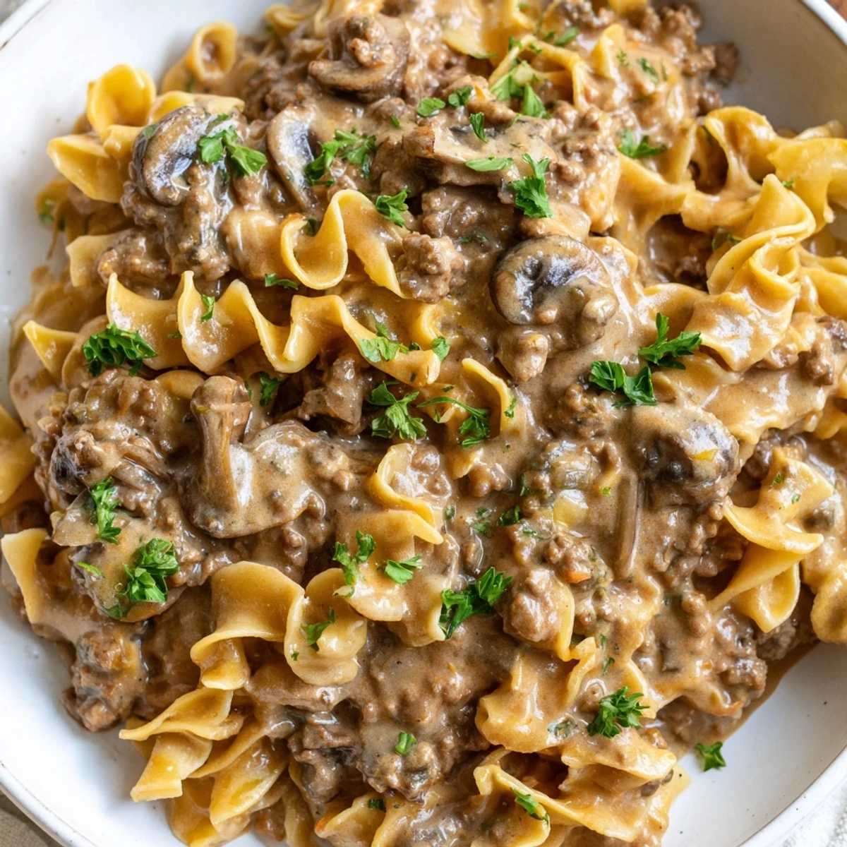 Creamy hamburger stroganoff with tender egg noodles smothered in rich beef sauce