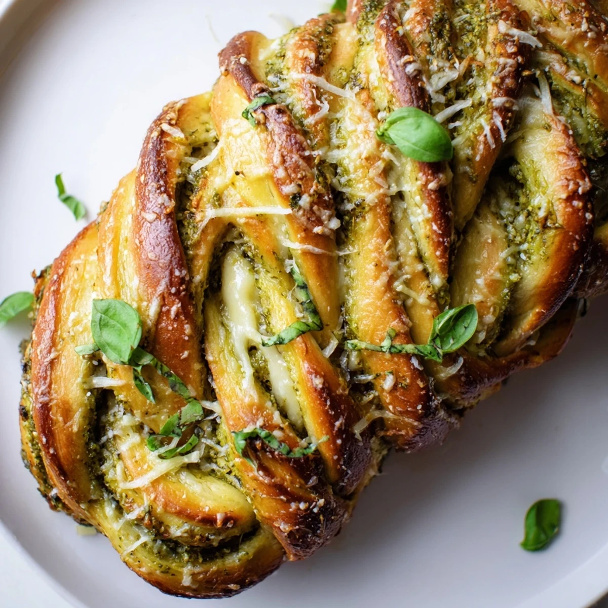 Golden braided pesto bread loaf sliced open revealing gooey cheese filling