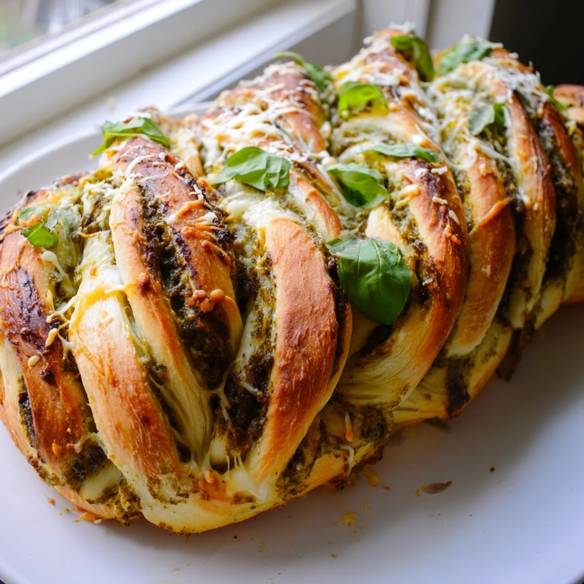 Warm cheesy braided pesto bread fresh from the oven with melted mozzarella