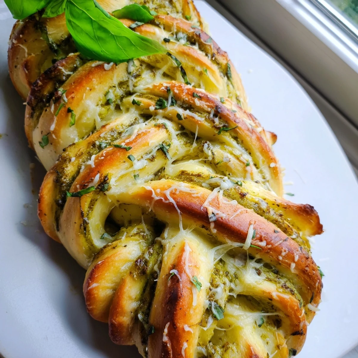 Cheesy braided pesto bread garnished with fresh basil on a rustic board