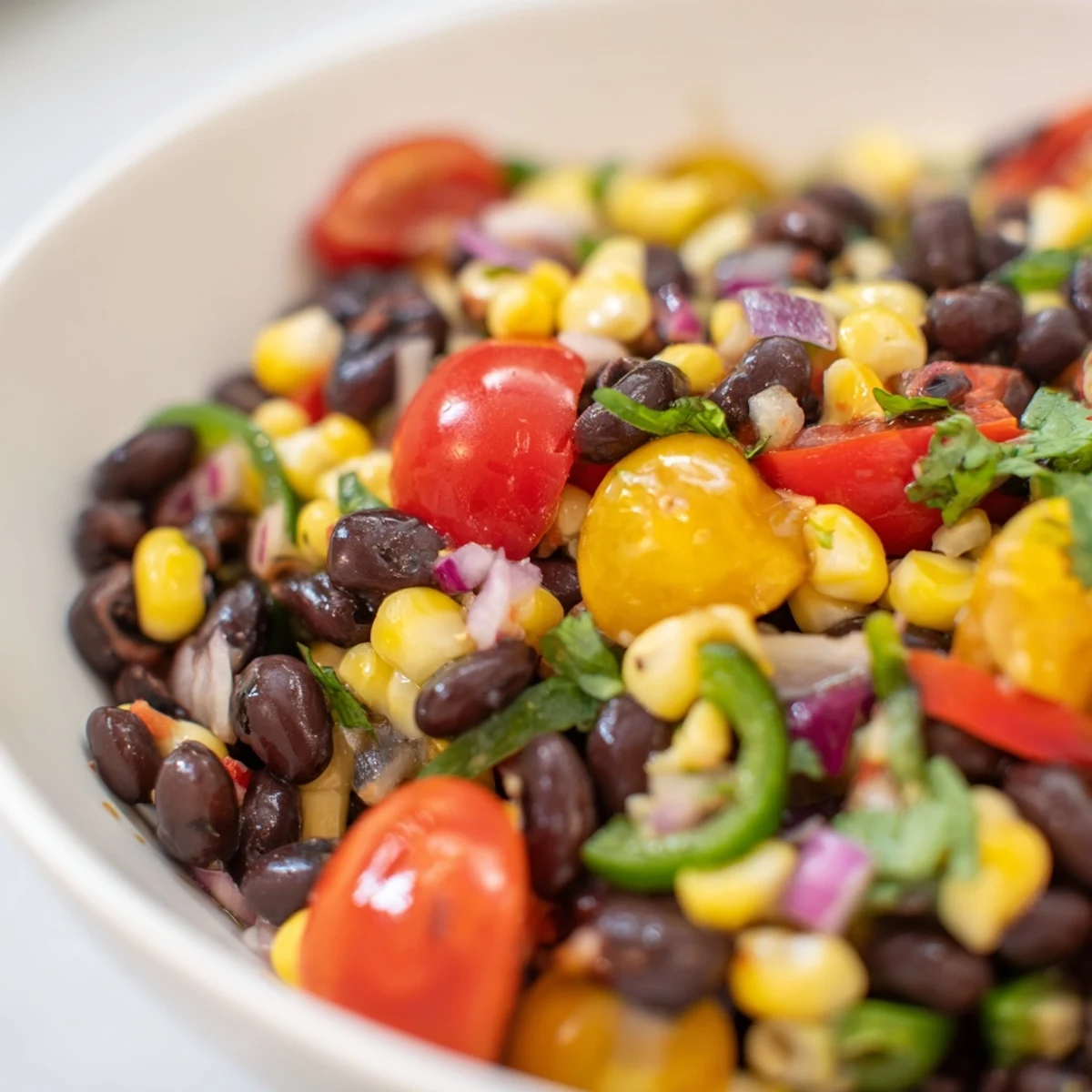 Colorful Cowboy Caviar in a rustic bowl with tortilla chips nearby