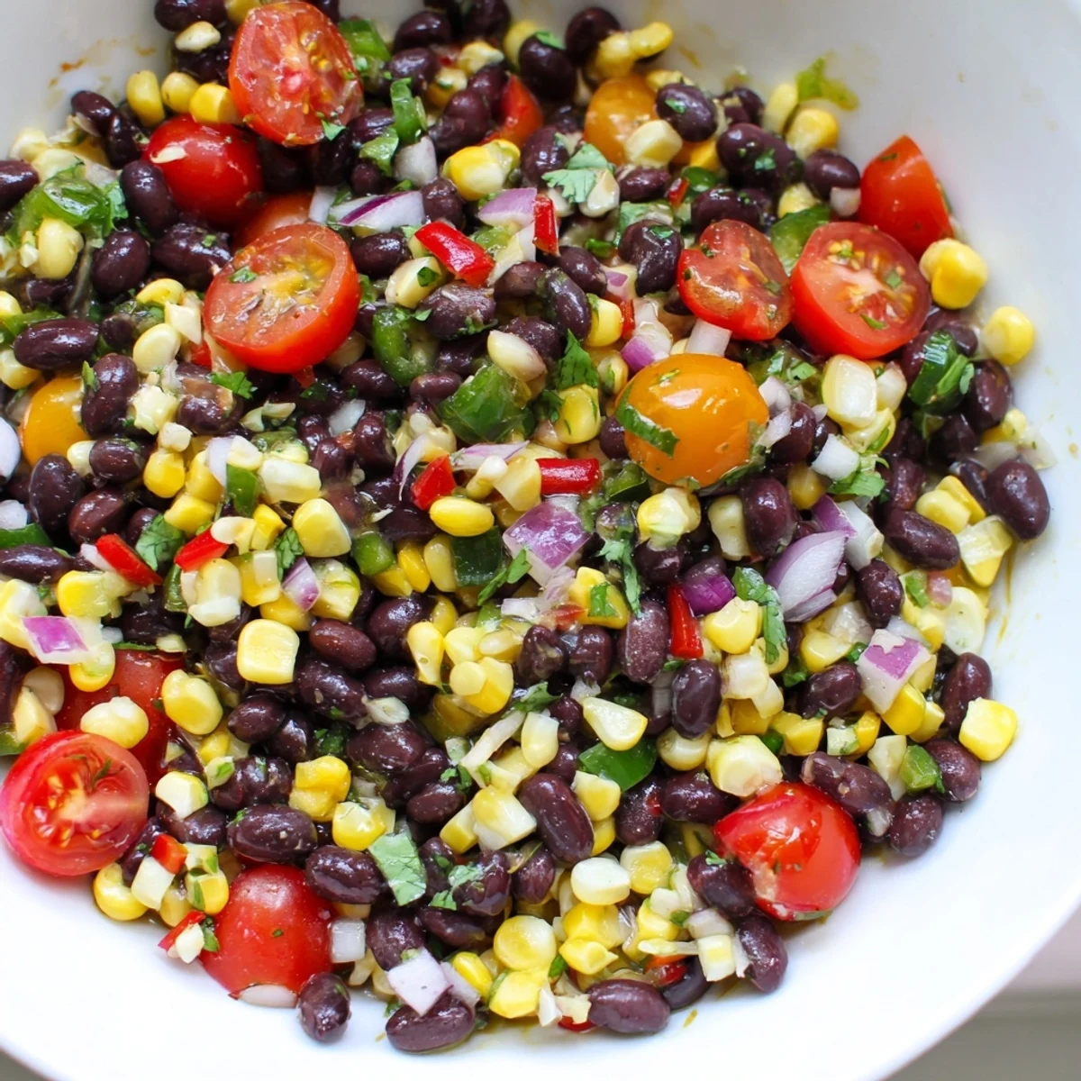 Glistening spoonful of Cowboy Caviar scooped onto a crispy tortilla chip