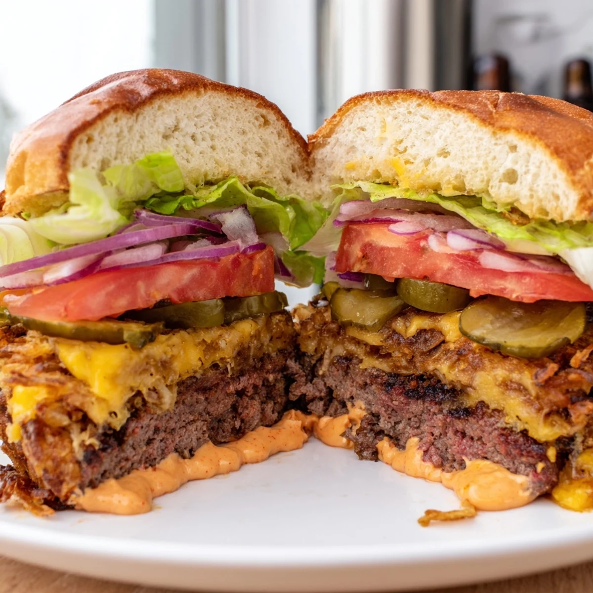 Crispy hash brown smash burgers with melty cheddar on a toasted sesame bun