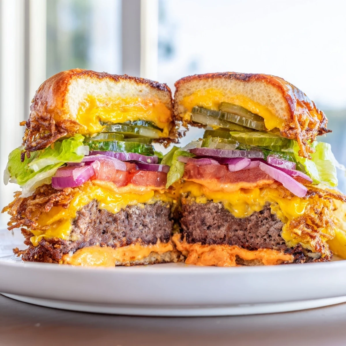 Golden hash brown smash burgers stacked with pickles tomato and melted cheese