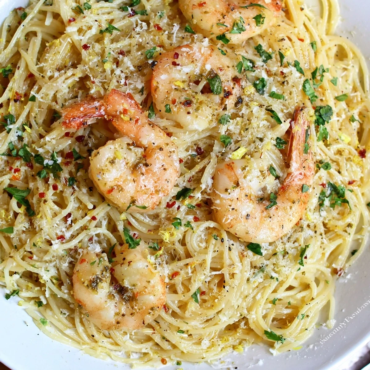 Golden garlic butter shrimp angel hair pasta tossed with lemon and fresh parsley in a skillet