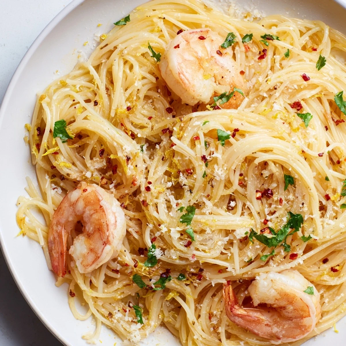 Garlic butter shrimp angel hair pasta plated on a white dish with Parmesan and lemon wedges