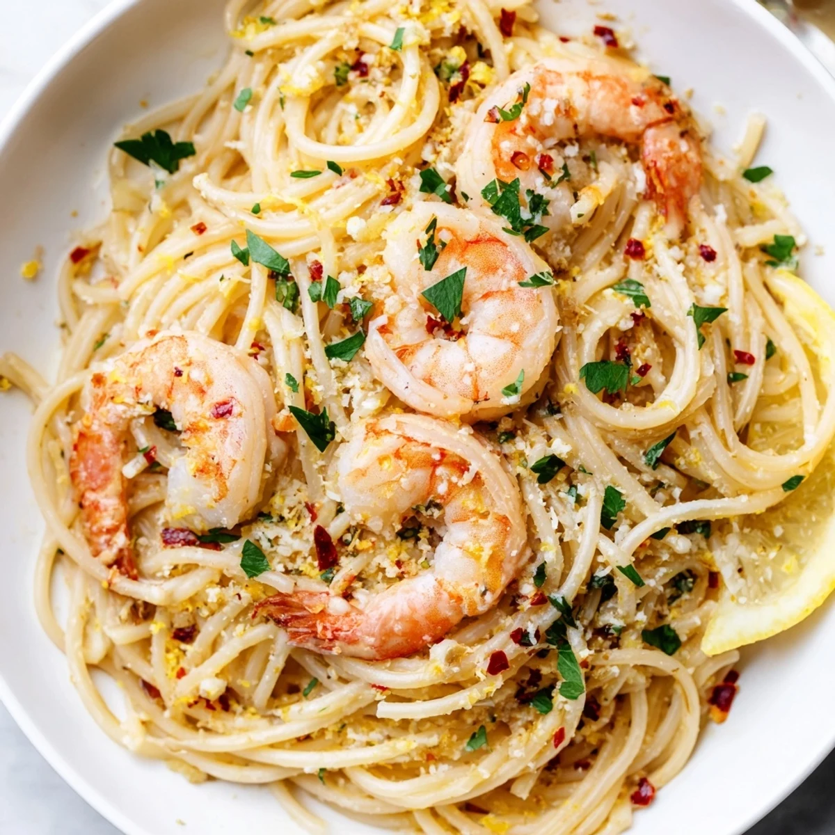 Steaming bowl of garlic butter shrimp angel hair pasta glistening with buttery sauce and pink shrimp
