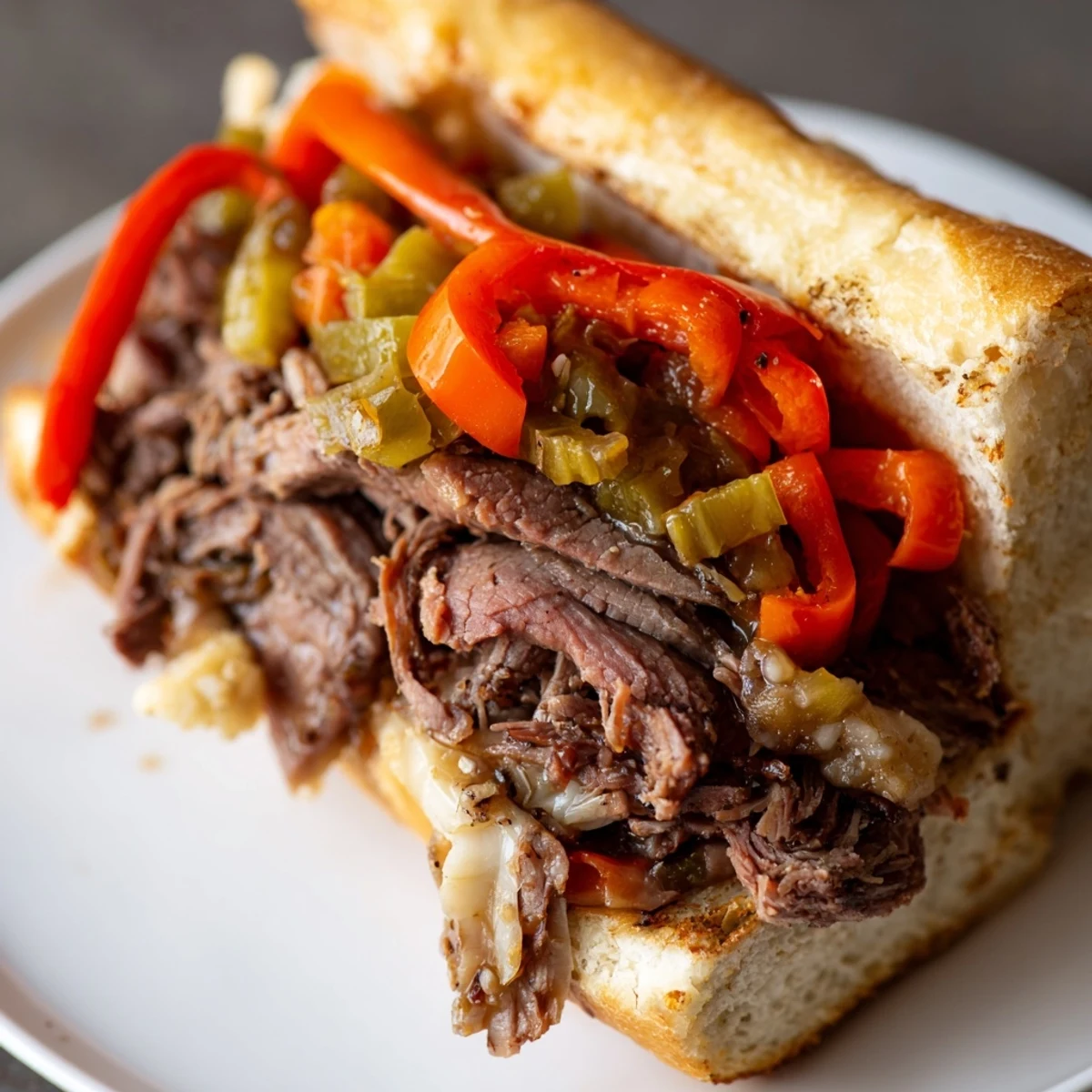 Juicy Chicago Style Italian Beef piled high on a crusty roll with tangy giardiniera peppers