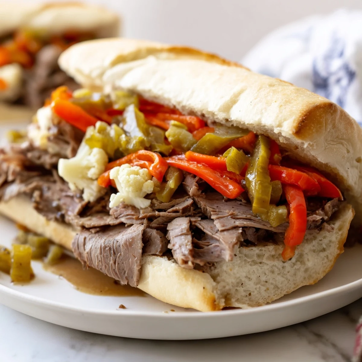 Tender sliced Chicago Style Italian Beef dripping with rich au jus on a toasted hoagie bun