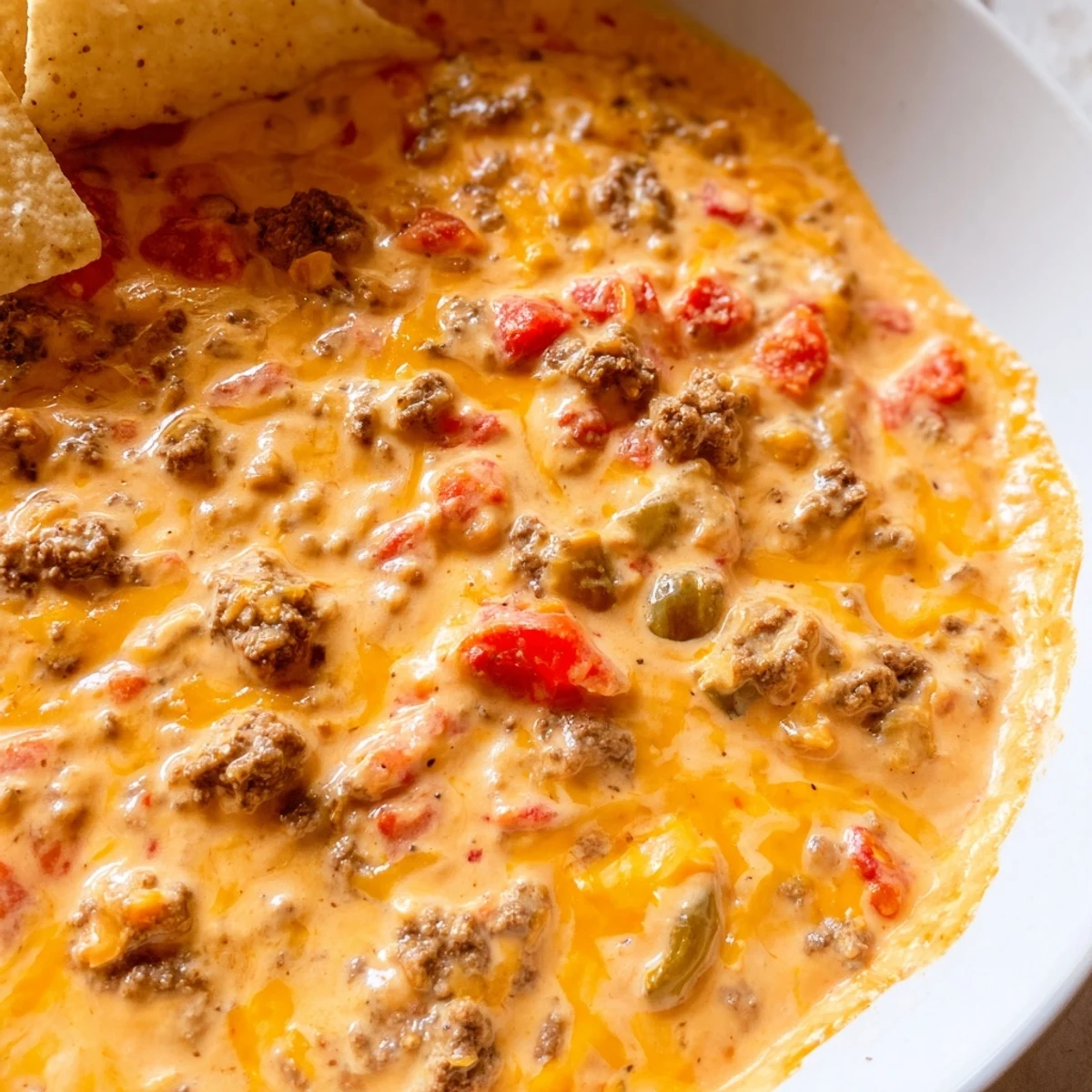 Bubbling slow cooker Rotel dip with melted cheese and zesty tomato chunks