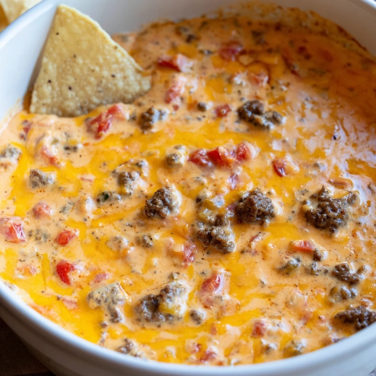 Thick and creamy Crockpot Rotel dip scooped up by crispy corn chips