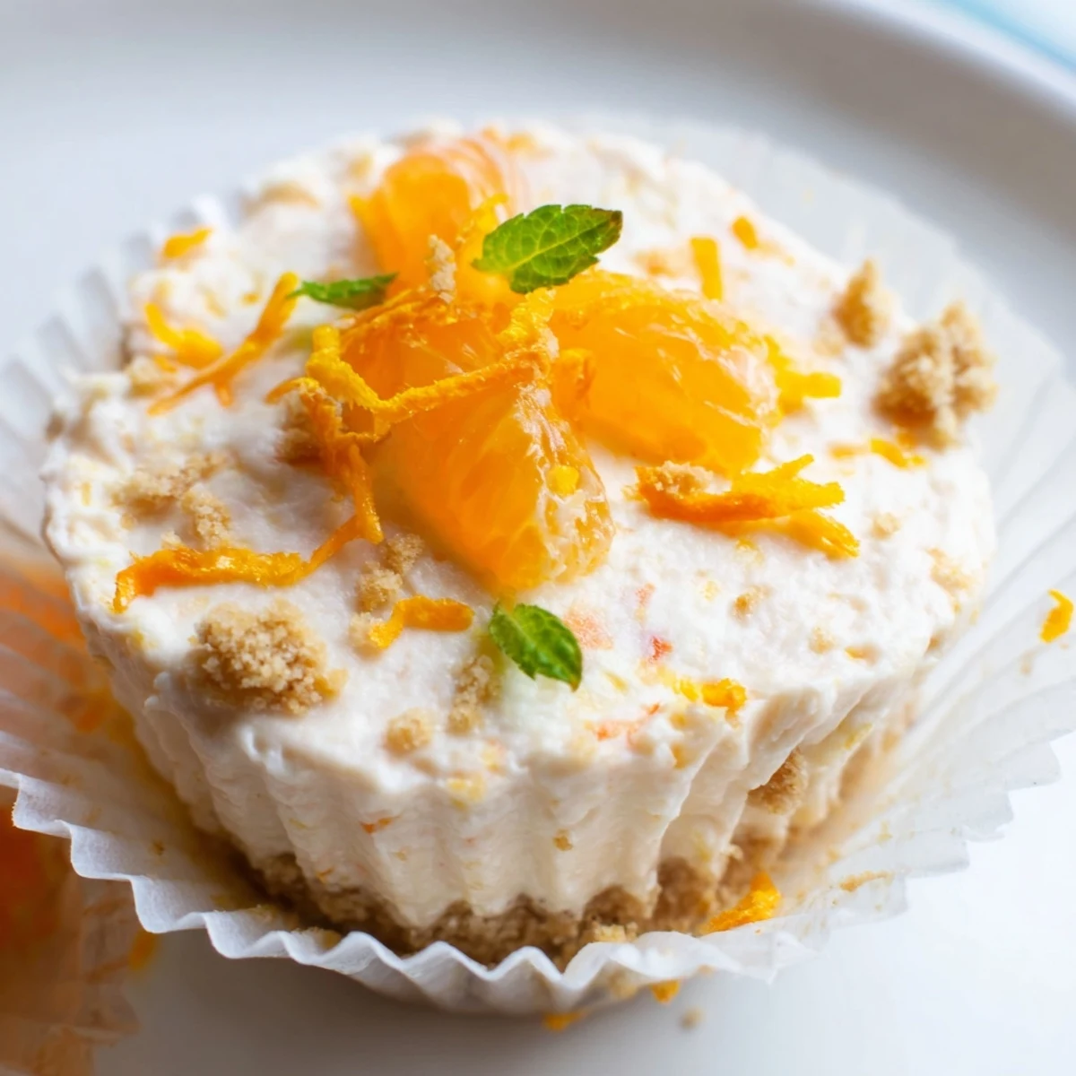 Creamy mini no bake orange cheesecakes topped with fresh orange segments and mint leaves on a buttery graham cracker crust