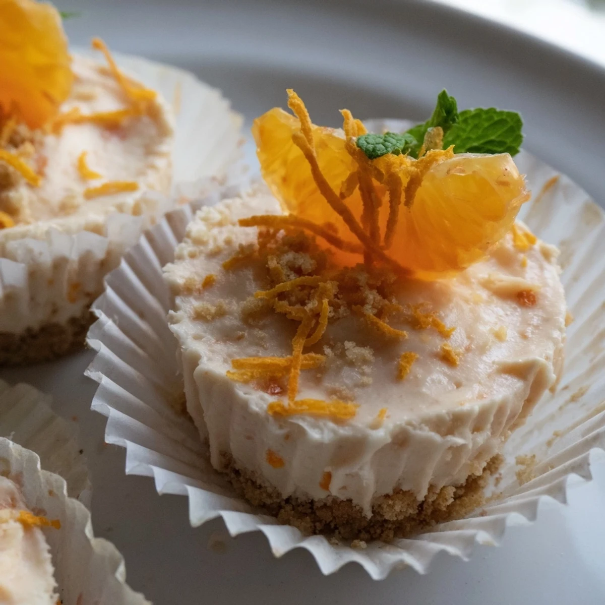 Golden biscuit crust cradles zesty mini no bake orange cheesecakes swirled with creamy citrus filling and bright orange zest garnish