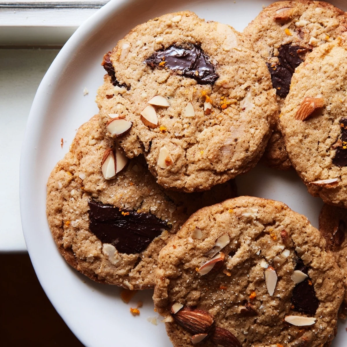 Orange almond chocolate chunk cookies with melted dark chocolate and toasted almond pieces