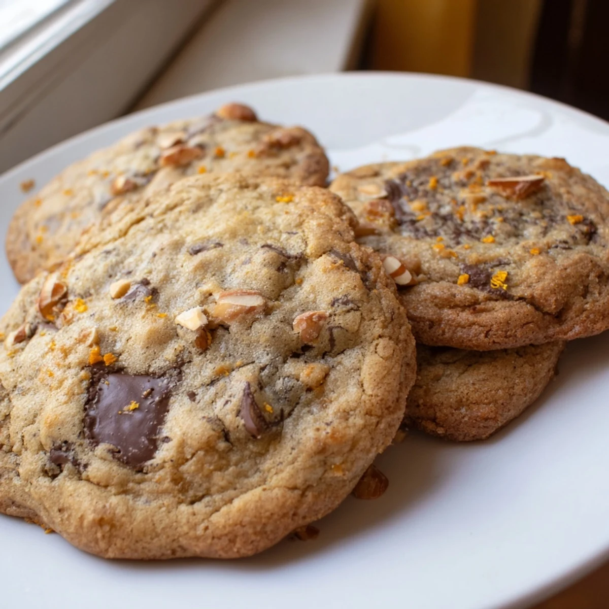 Golden orange almond chocolate chunk cookies fresh from the oven on parchment paper