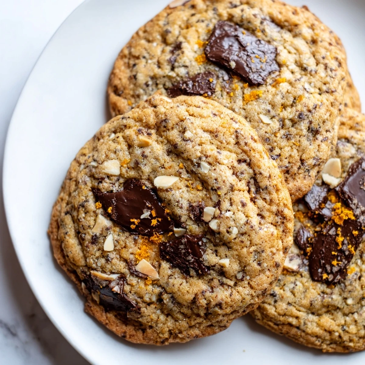 Rustic wire rack displaying chewy orange almond chocolate chunk cookies with citrus zest