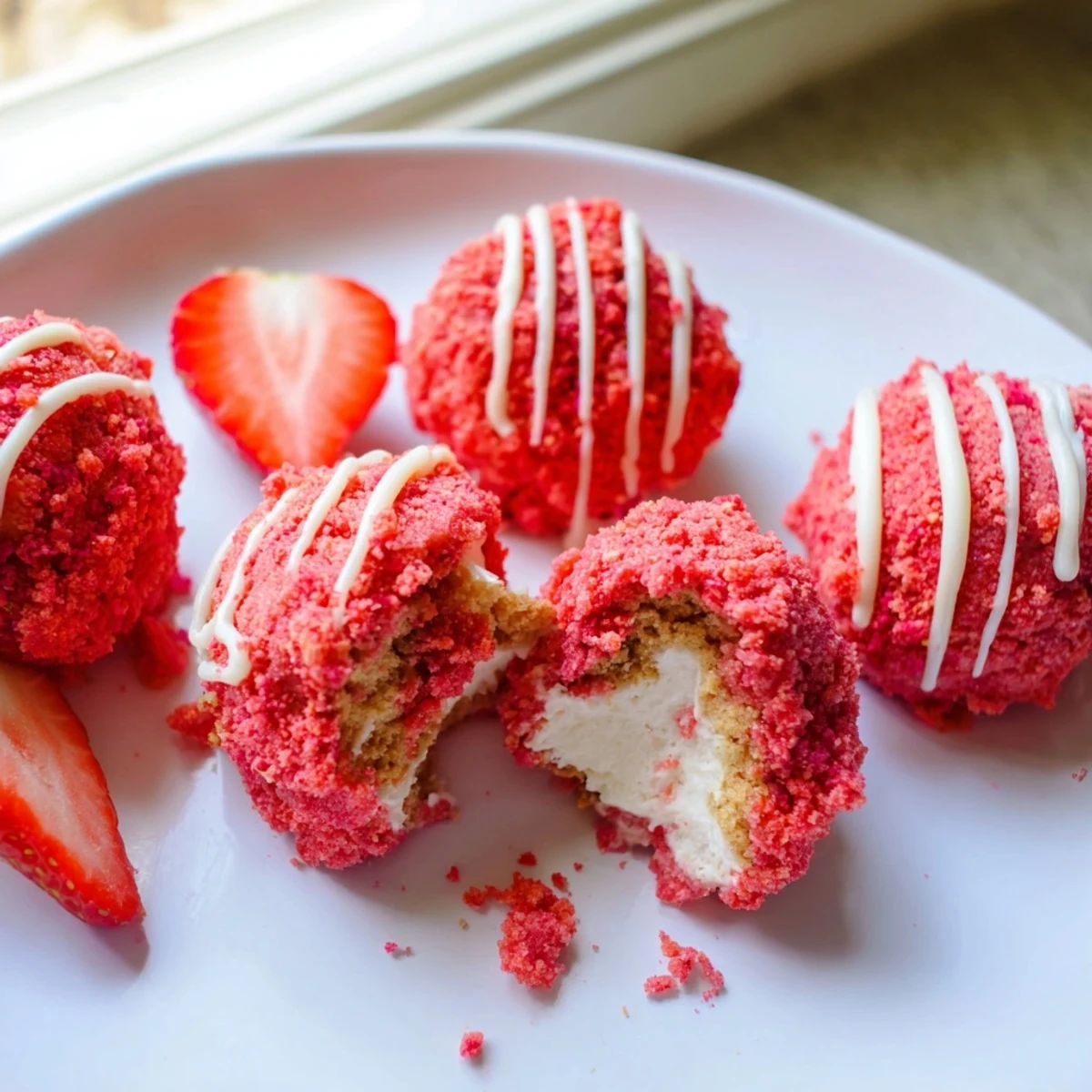 Creamy strawberry crunch cheesecake bites coated in golden cookie crumbs on parchment paper.