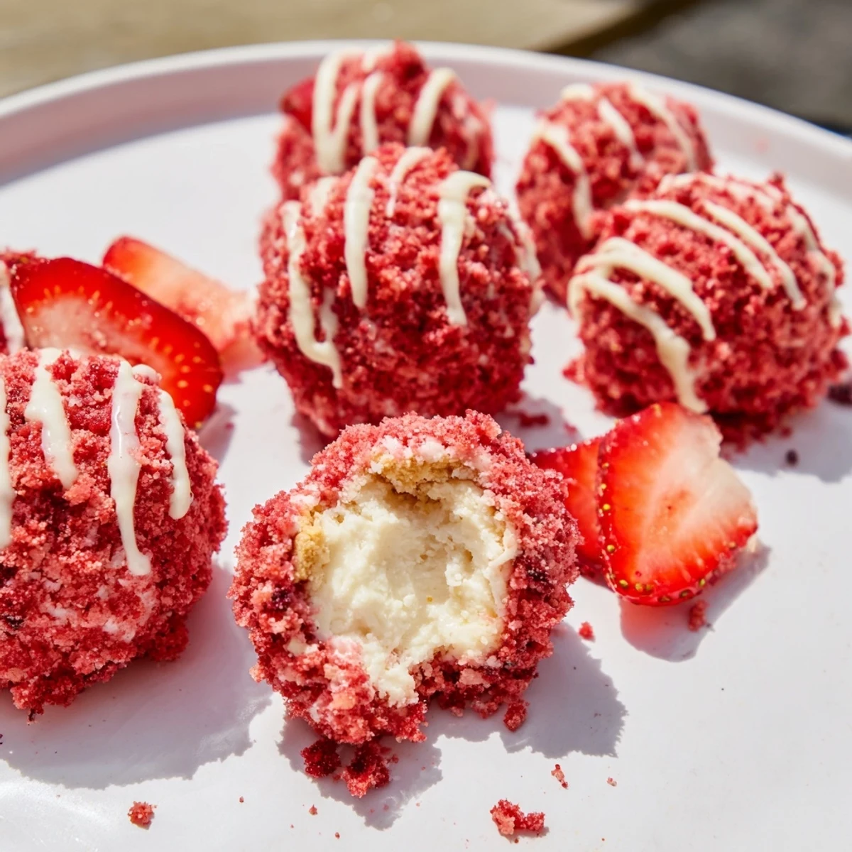 Golden-coated strawberry crunch cheesecake bites drizzled with white chocolate and fresh berry garnish.