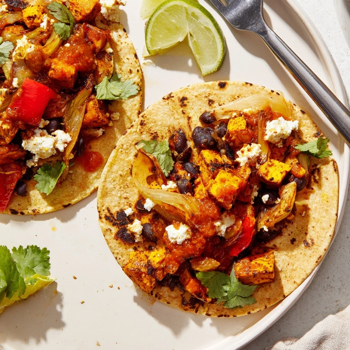 Golden crispy sweet potato bean tacos topped with caramelized onions and fresh cilantro