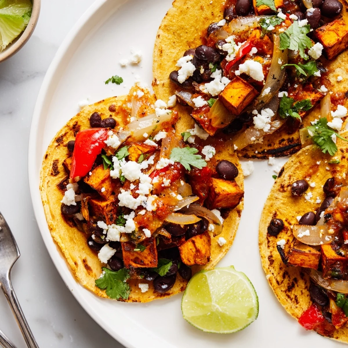 Crispy sweet potato bean tacos nestled in warm tortillas with sautéed onions
