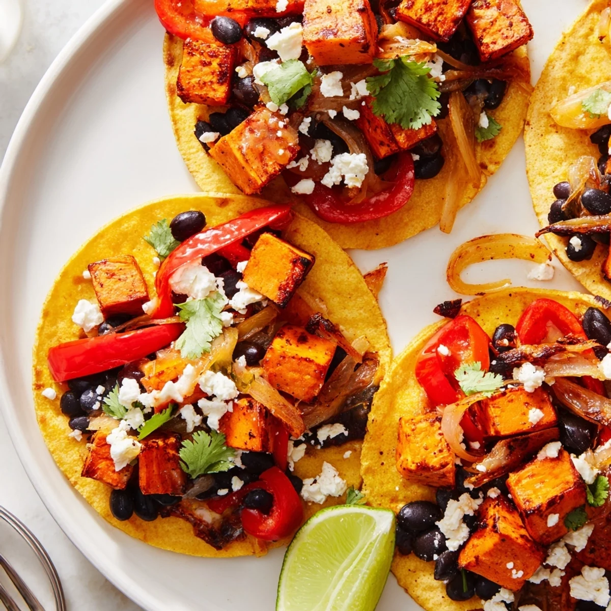 Close-up of crispy sweet potato bean tacos drizzled with salsa and lime