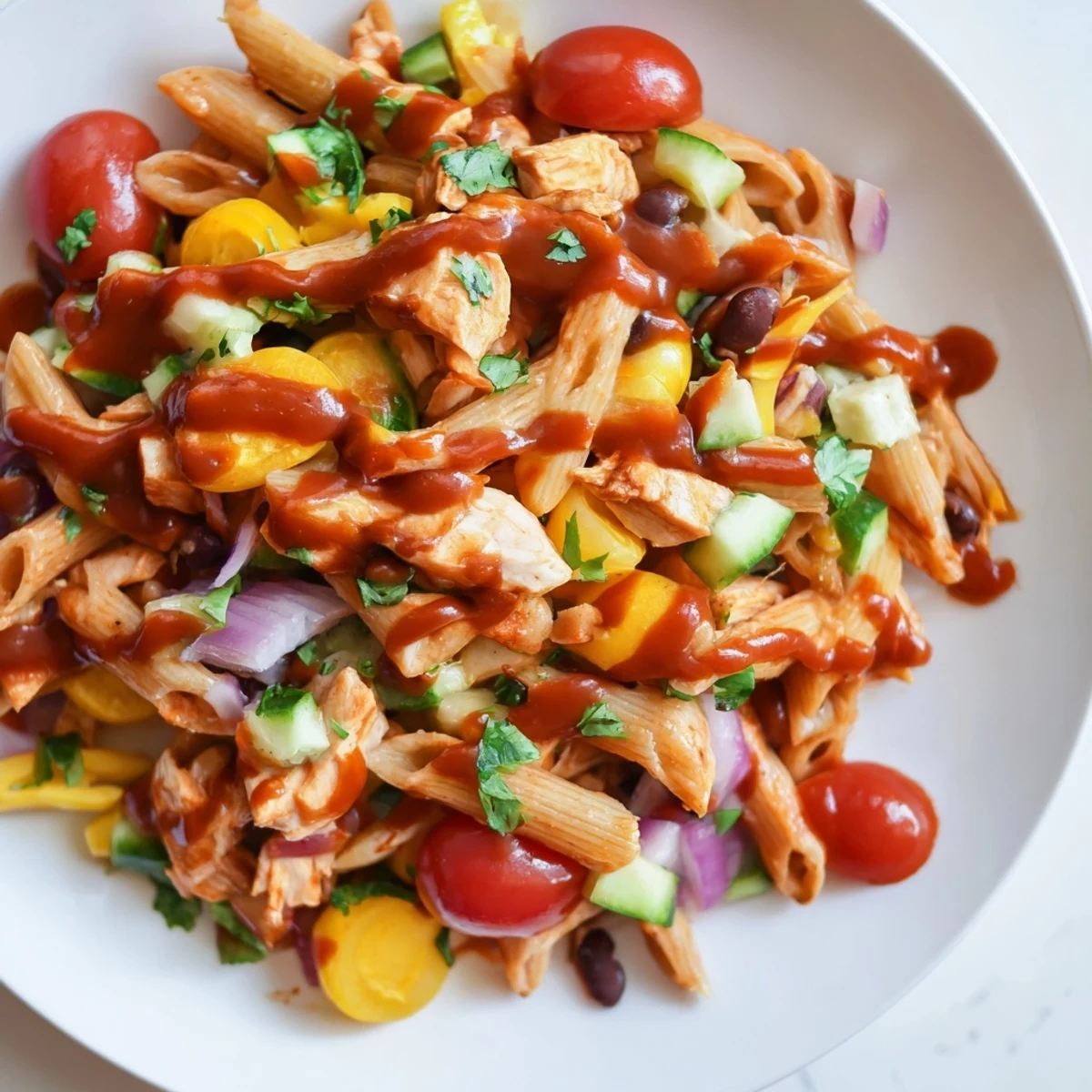 BBQ chicken pasta salad in a large bowl with colorful diced vegetables and creamy dressing