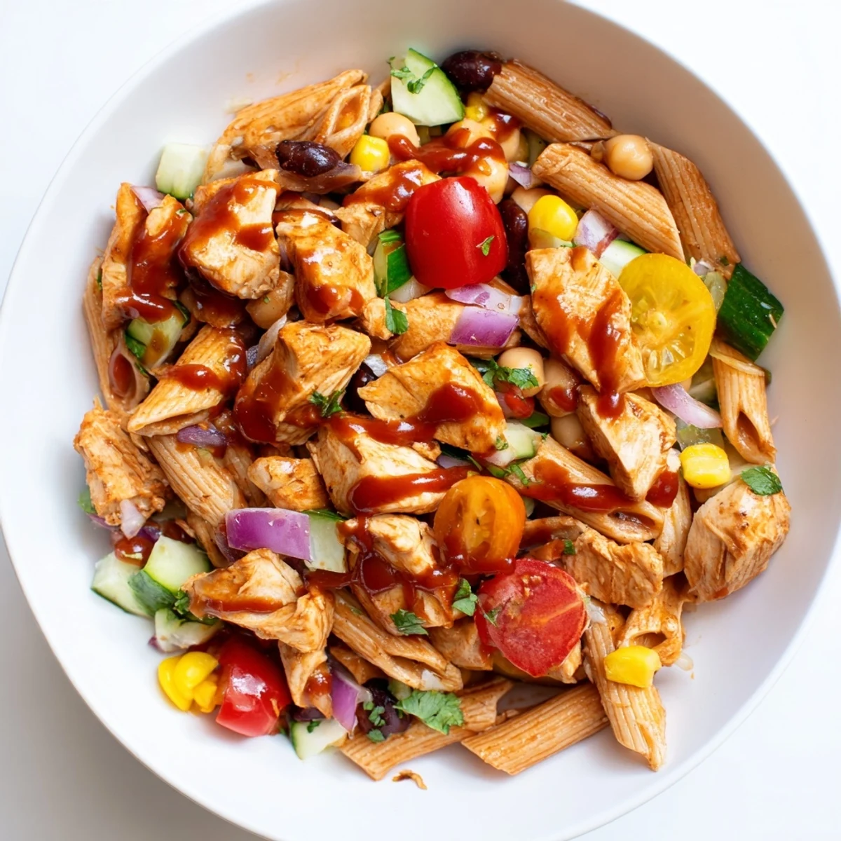 Smoky grilled chicken pieces tossed with protein pasta, bright bell peppers, and zesty yogurt sauce