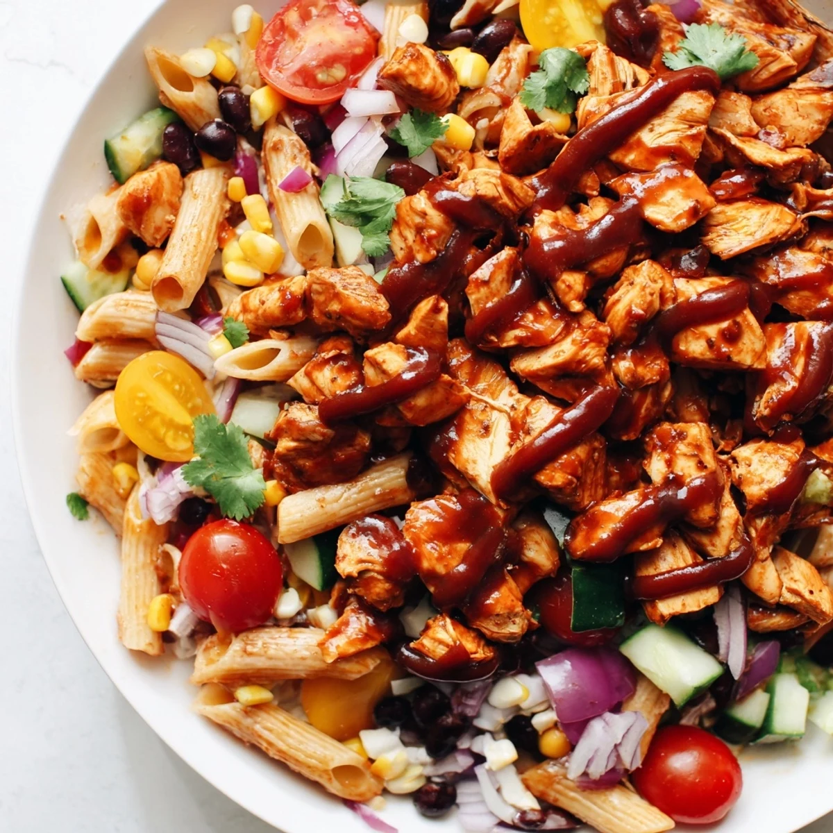 Hearty BBQ chicken pasta salad served on a plate with fresh cilantro and cherry tomatoes