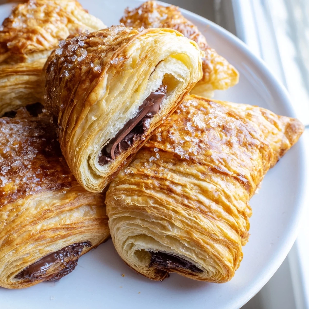 Flaky chocolate croissant cookies oozing melted semi-sweet chocolate fresh from the oven
