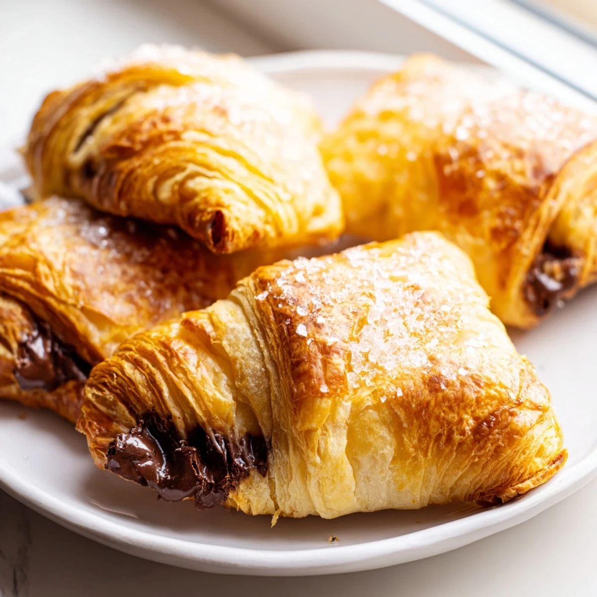Golden chocolate croissant cookies with crackled sugar tops on a rustic baking sheet