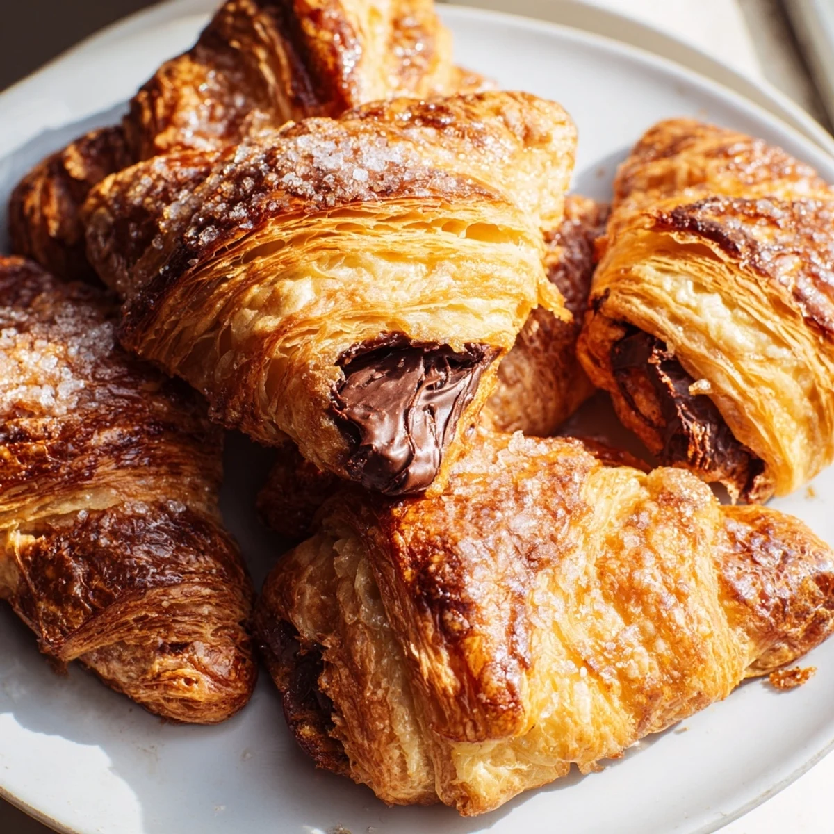 Buttery chocolate croissant cookies dusted with sparkling sugar arranged on a wire rack