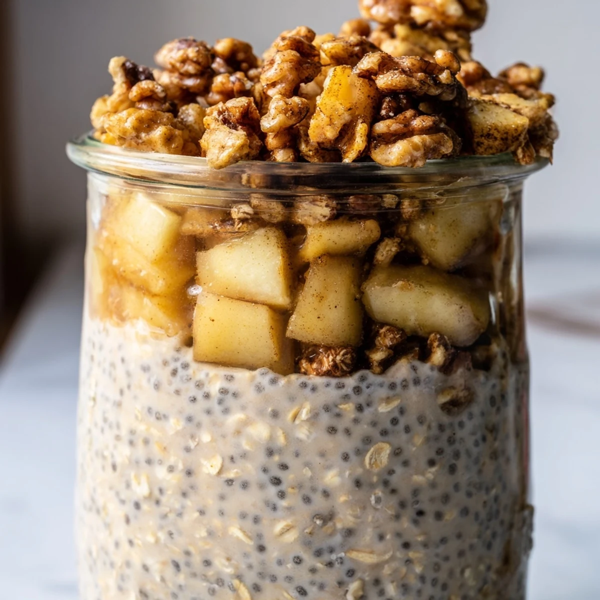 Creamy apple crumble overnight oats layered in a jar with spiced apples and crunchy walnut topping