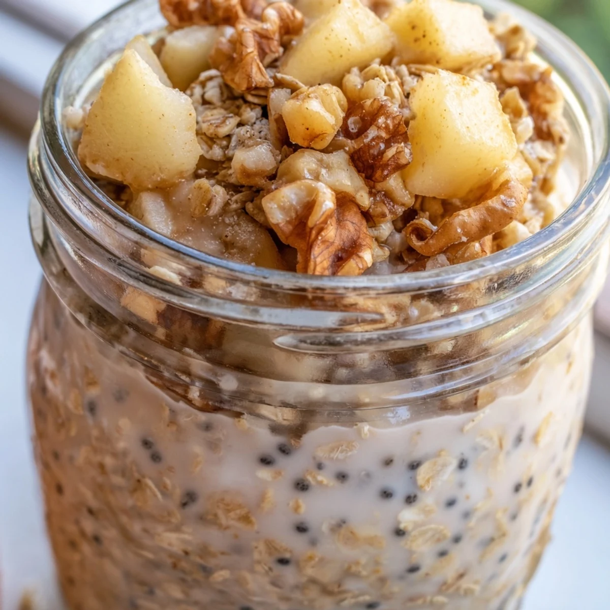 Apple crumble overnight oats topped with cinnamon-dusted apples and a buttery pecan crumble in a mason jar