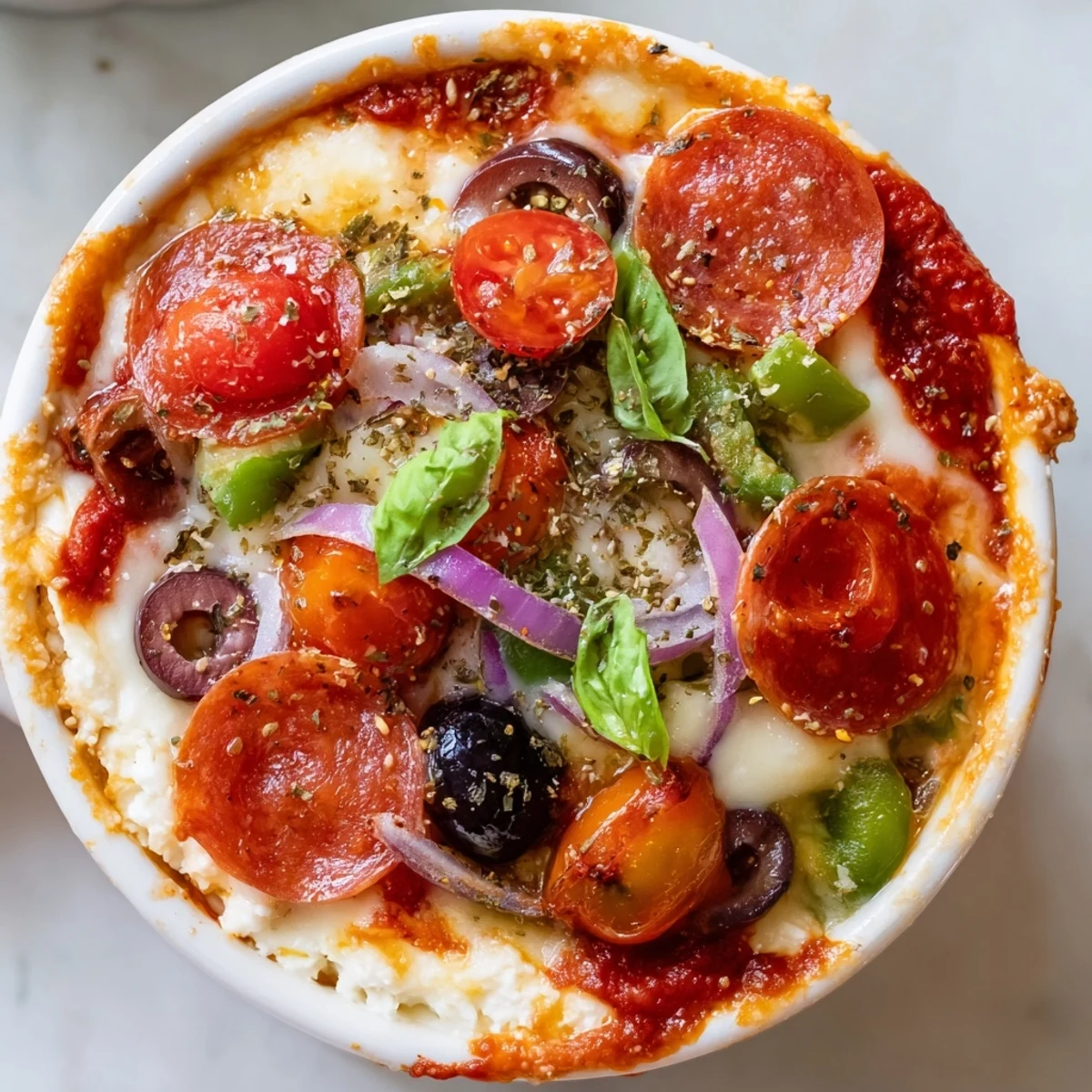 Bubbly cottage cheese pizza bowl with melted mozzarella, pepperoni, and fresh basil