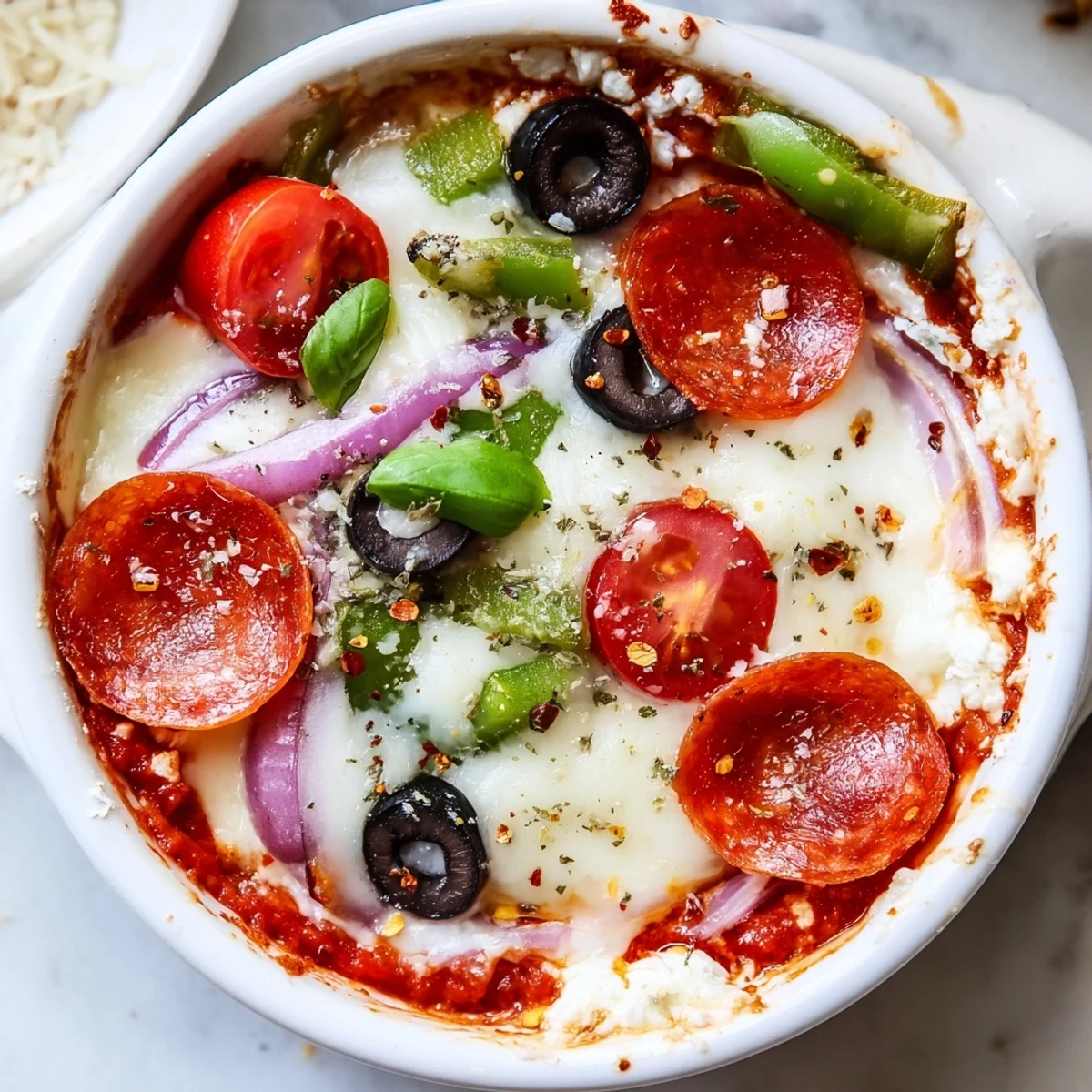 Steaming cottage cheese pizza bowl featuring gooey cheese, colorful peppers, and marinara