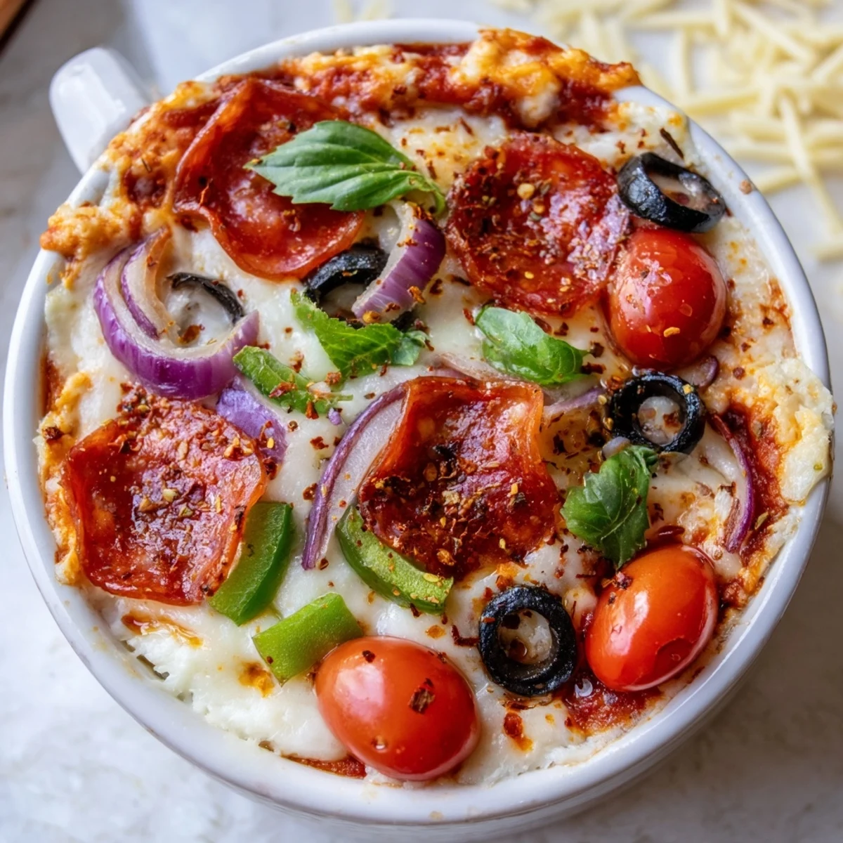 Golden baked cottage cheese pizza bowl topped with tomatoes, olives, and herbs
