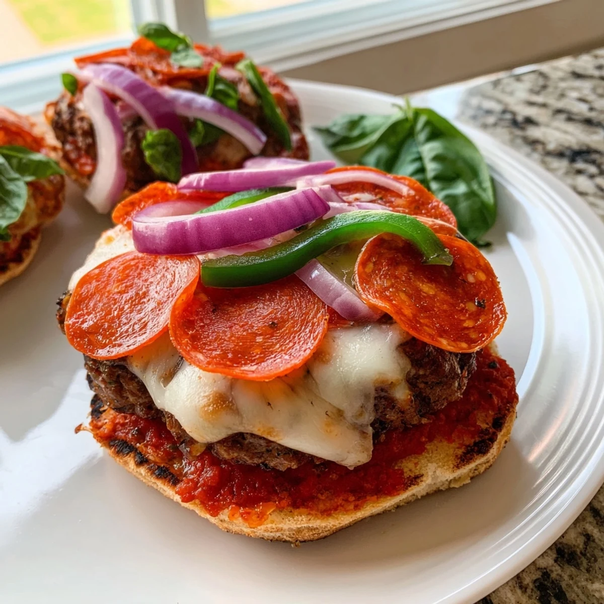 Melted mozzarella and pepperoni top these juicy pizza burgers on toasted buns