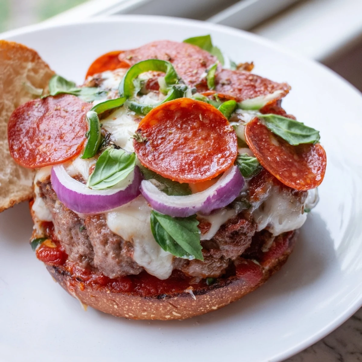Golden beef pizza burgers loaded with sauce cheese and fresh bell peppers