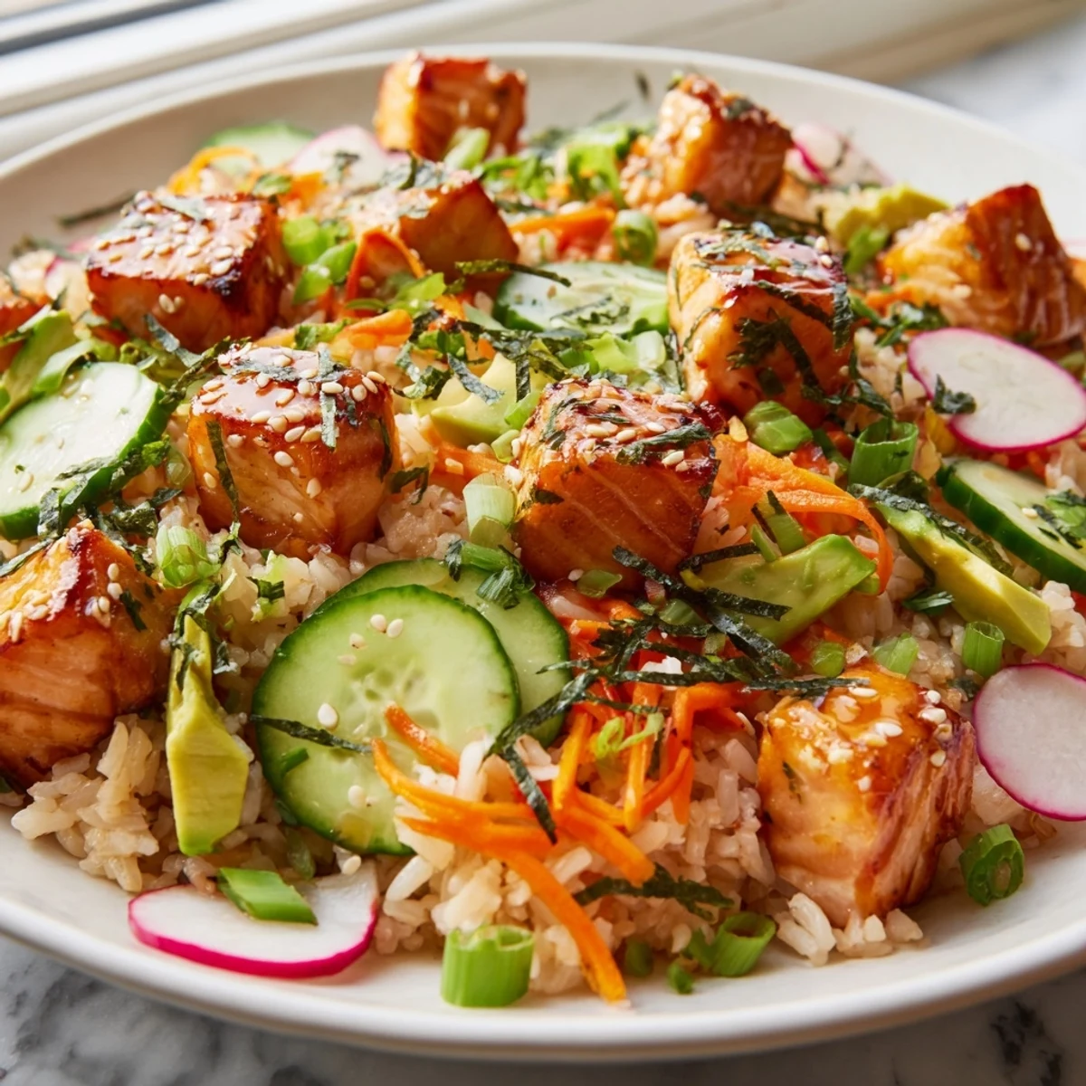 Golden crispy salmon rice salad topped with fresh vegetables and tangy ginger dressing