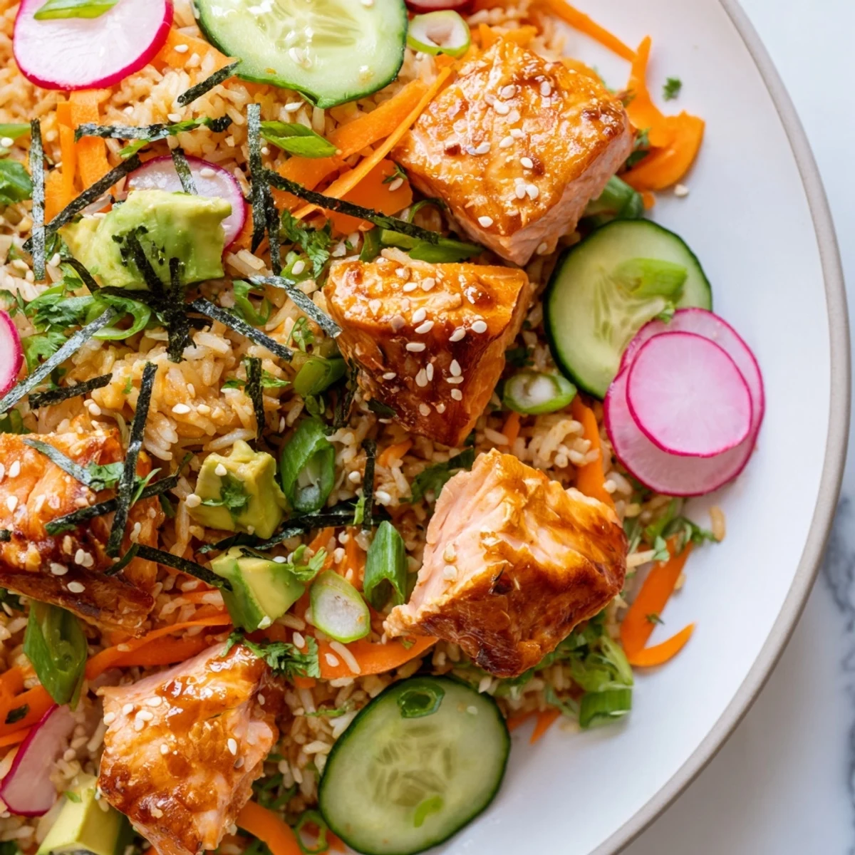 Crispy salmon rice salad with ginger dressing served on a white platter