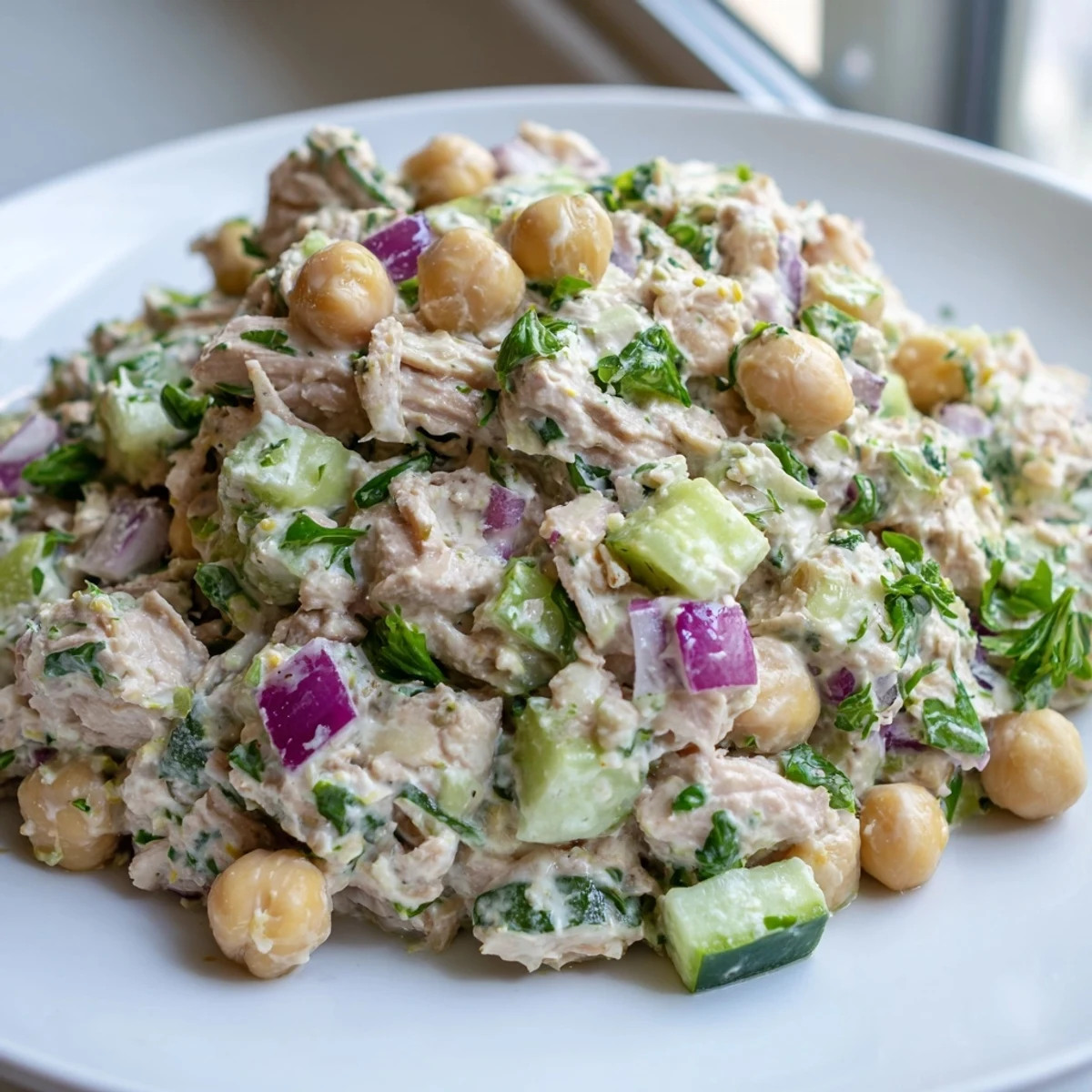 Creamy tuna chickpea cucumber salad piled in a rustic bowl with fresh parsley scattered on top
