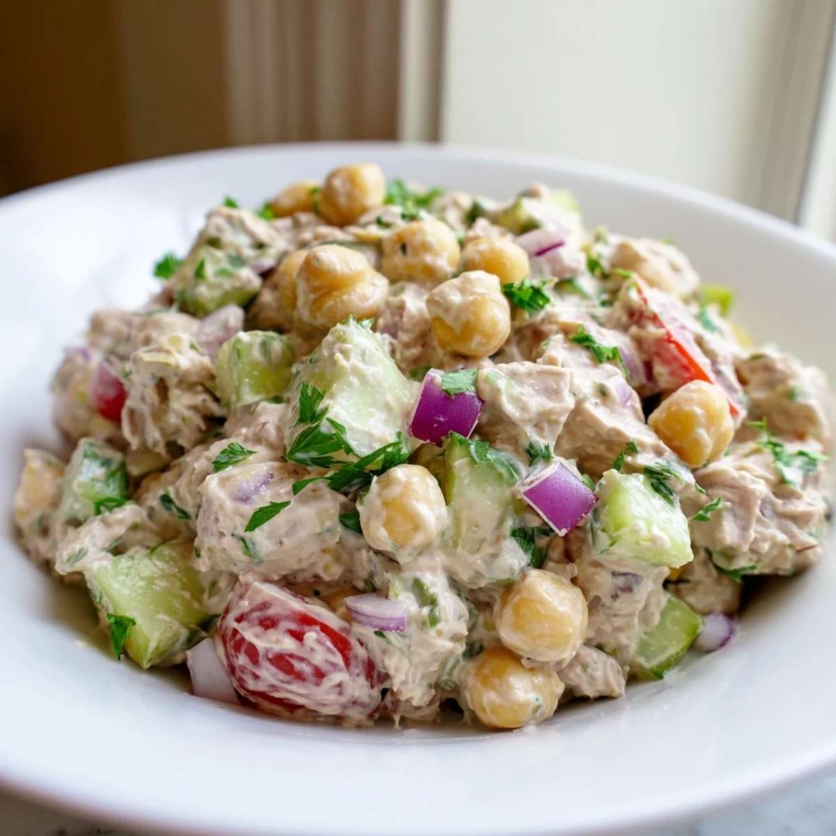 A close-up of creamy tuna chickpea cucumber salad spooned into crisp lettuce cups for a light lunch