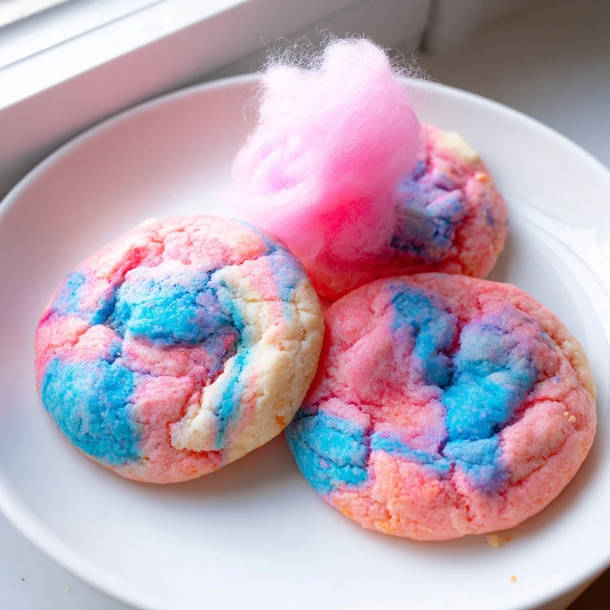 Soft cotton candy cookies with swirled pink and blue pastel dough on a baking sheet