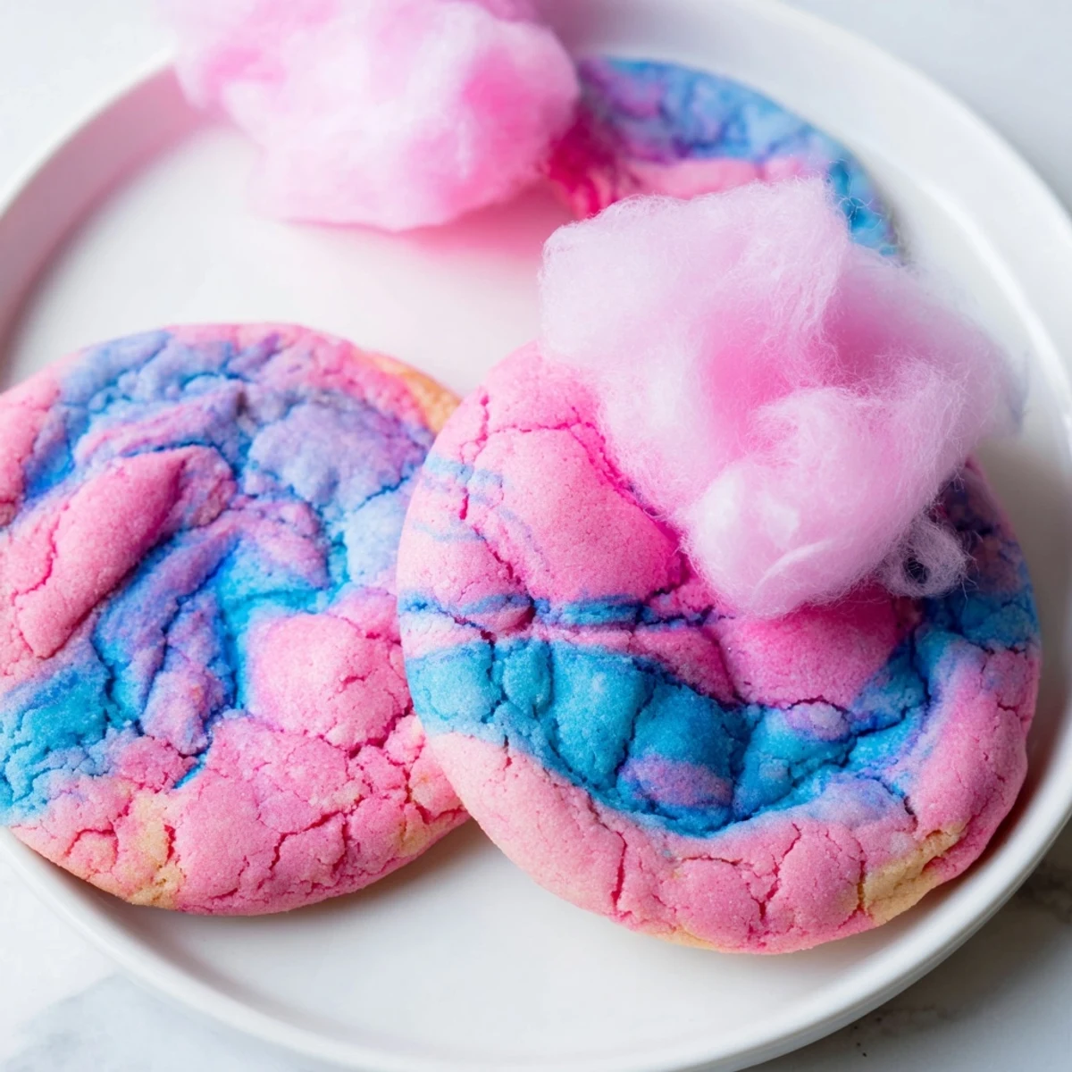 Chewy cotton candy cookies topped with fluffy pastel garnish on a decorative serving plate