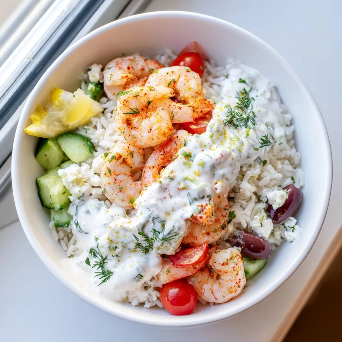 Golden Mediterranean shrimp bowl with juicy shrimp, fresh vegetables, and creamy tzatziki sauce