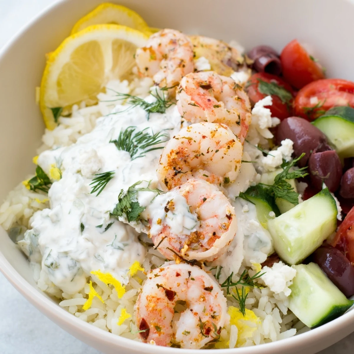 Greek shrimp Mediterranean bowl served over lemony rice with crisp cucumber and feta